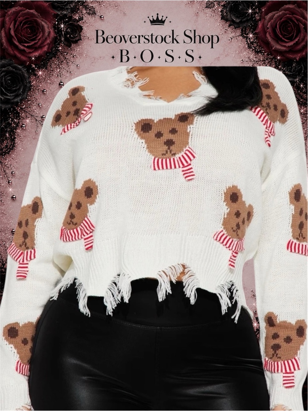 Fashion Nova Love For Teddy Bears Sweater – White/Combo – Size XS/S – Distressed